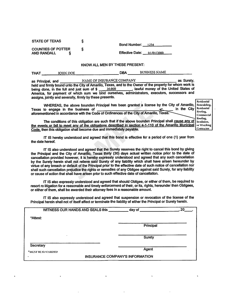 Building Safety Contractor Bond Sample