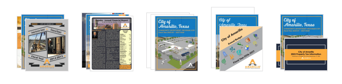 A collection of financial documents from the City of Amarillo, Texas, including comprehensive annual financial reports, community investment programs, annual budgets, and property tax information for various fiscal years.