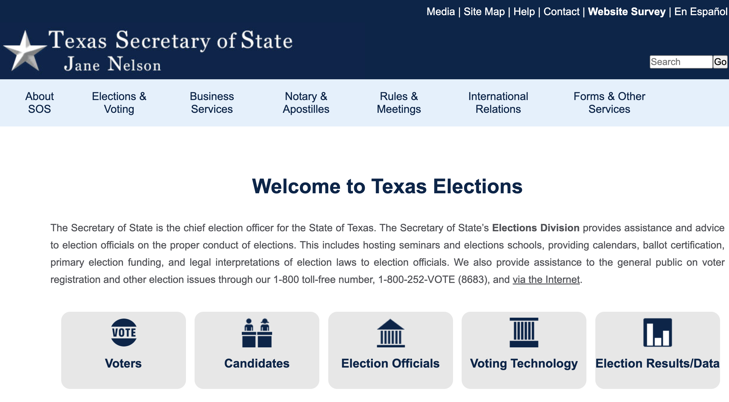 State of Texas Election Division Website Homepage