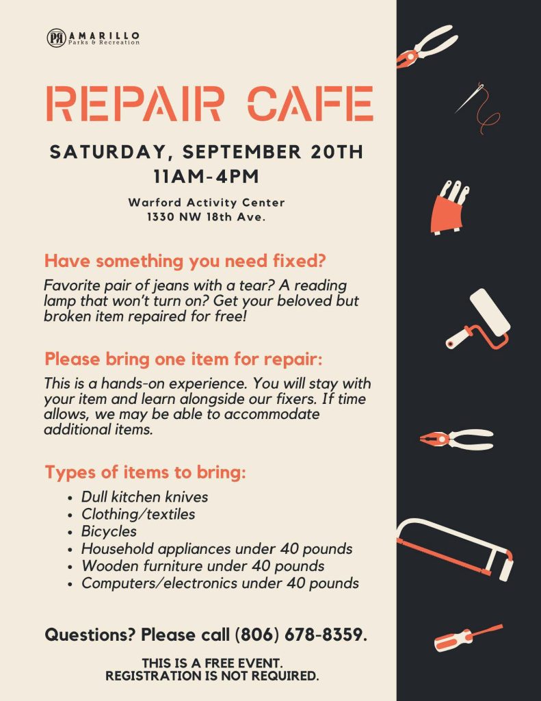 Repair Cafe Event Flyer for Saturday September 20th from 11AM to 4PM at Warford Activity Center