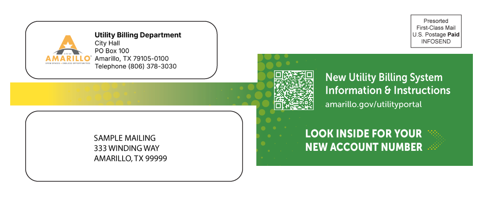 Utility Billing - Bill Envelope Announcing New Billing System including link to amarillo.gov/utility portal